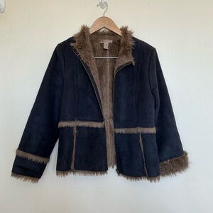 Chic Black and Brown Teddy Jacket faux leather fur jacket XL petite